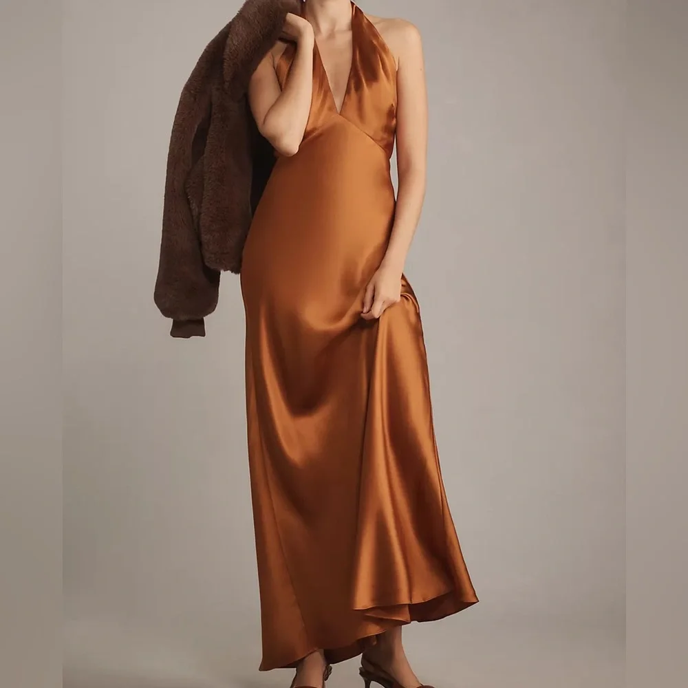 Reformation Daniela 100% silk copper maxi halter gown dress wedding fall size 8 - Picture 12 of 13